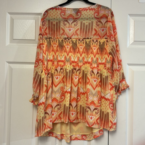Torrid bright yellow orange Aztec print sheer 3/4 sleeve tunic top smocked 3X - Picture 8 of 8